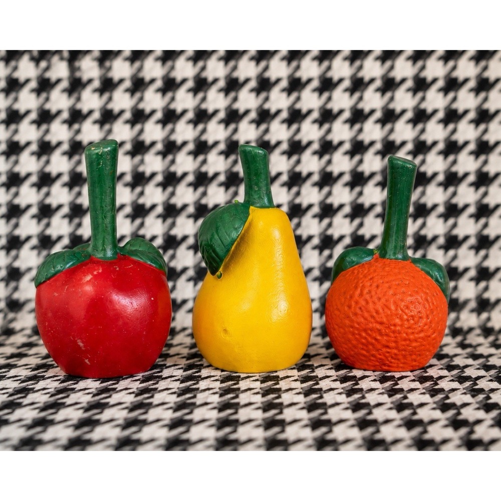VTG Figural Fruit Bell Set Apple Pear Orange Chalkware Folk Art Whimsy Farmhouse